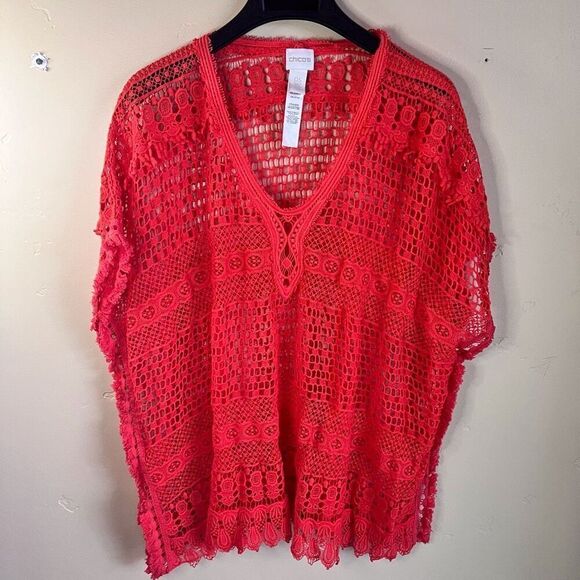 Chico’s Womens Crocheted Swim Beach Knit Cover Up Cherry‎ Red VNeck Pullover OS - Picture 1 of 5